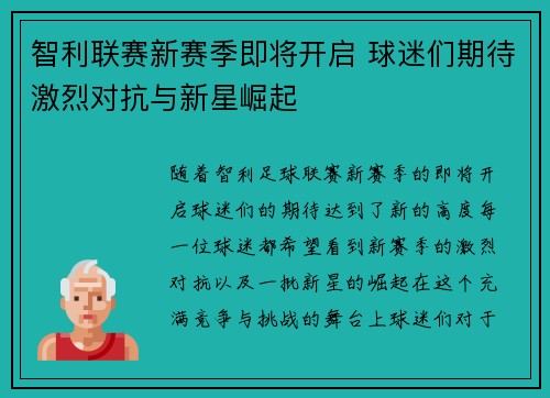 智利联赛新赛季即将开启 球迷们期待激烈对抗与新星崛起