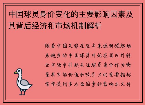 中国球员身价变化的主要影响因素及其背后经济和市场机制解析
